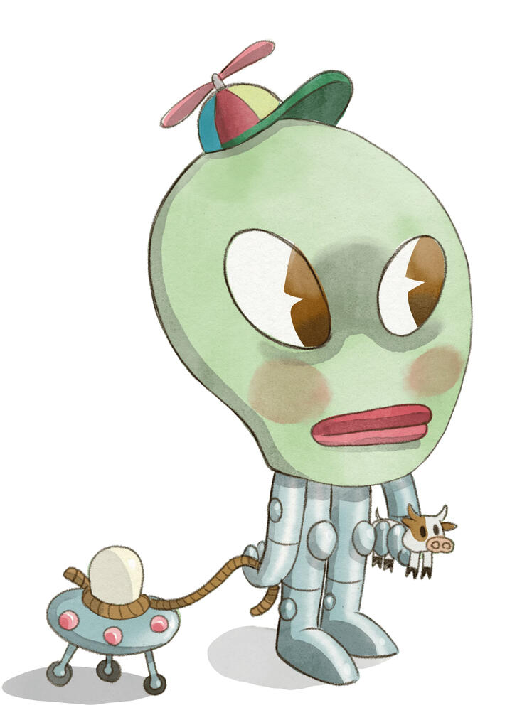 An Alien Kid with 2 of his favorite toys