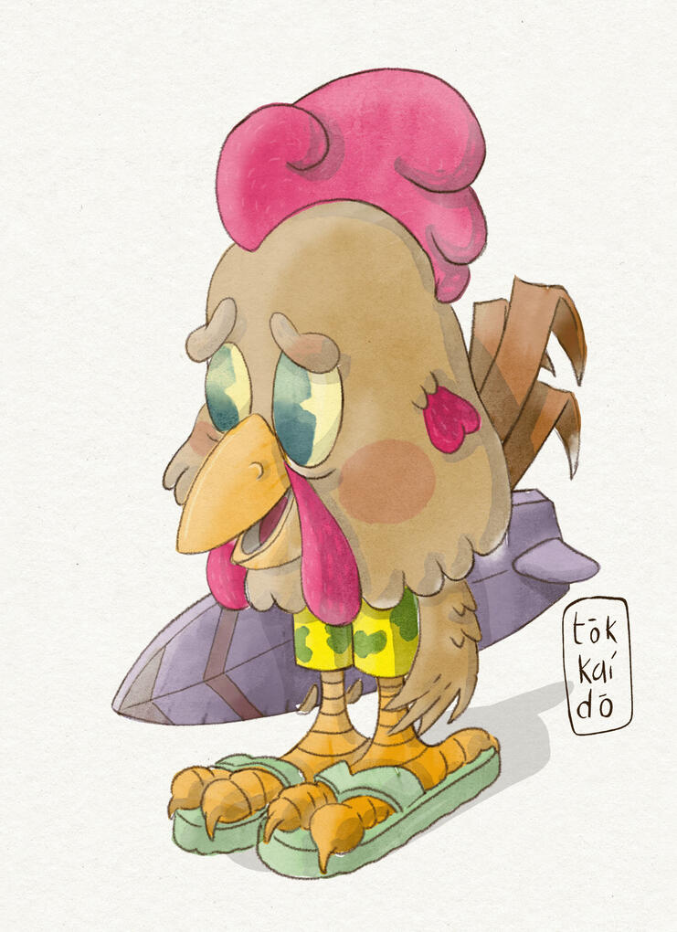 A rooster who love surf the waves